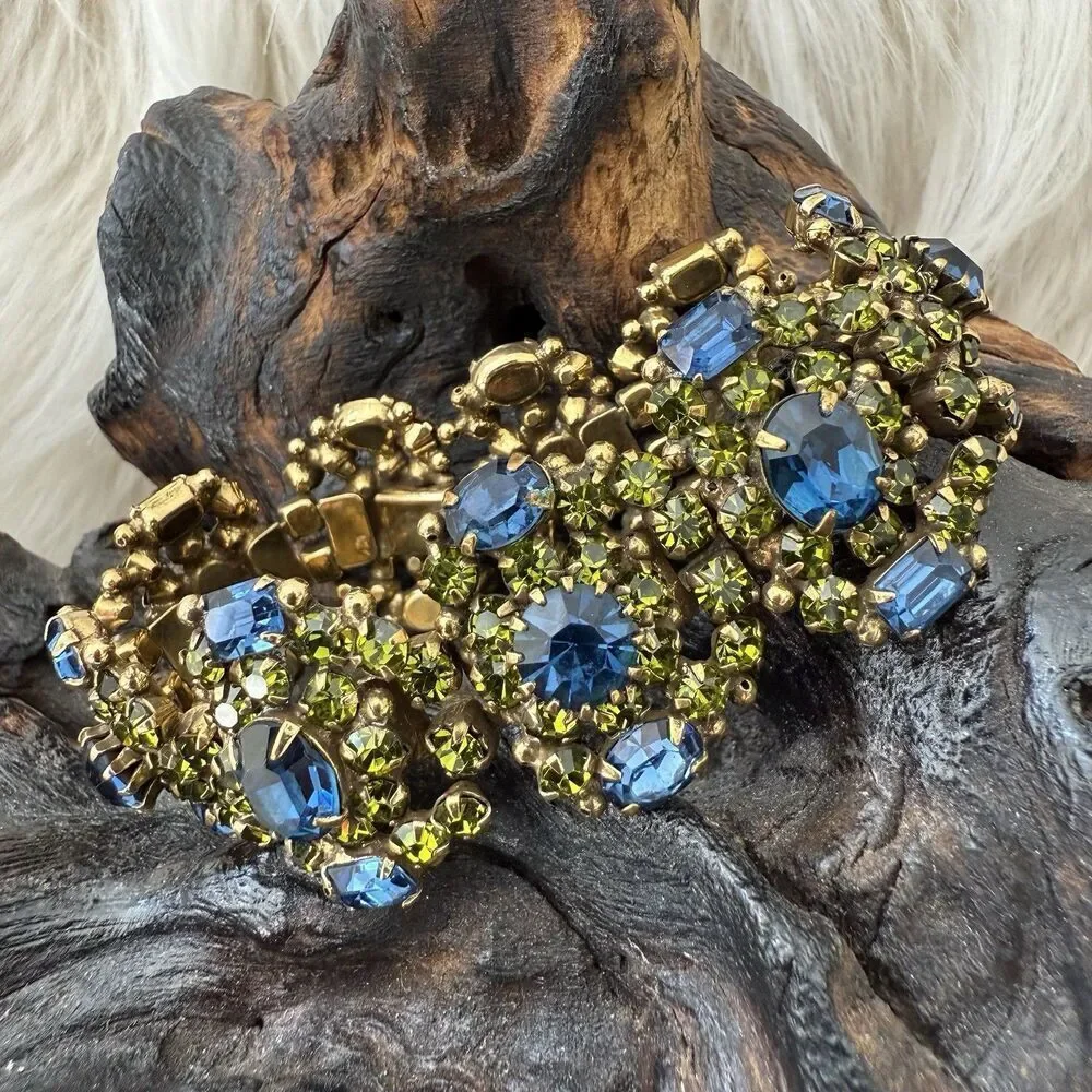 Vintage Kramer of NY Wide Runway Bracelet Green Blue Rhinestone Cluster Gorgeous